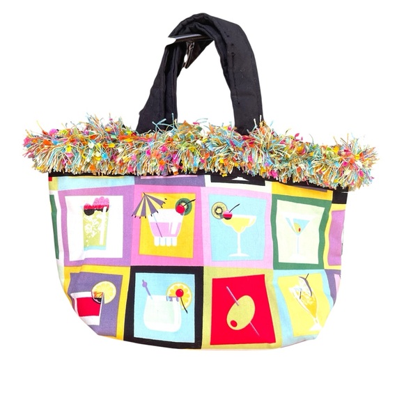 Caboose Quilted Colorful Cocktail Print Tie Closure Vacationcore Party Tote Bag - Picture 1 of 11